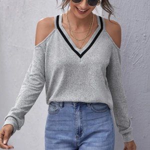 * Cold Shoulder Sweater Gray  Casual Long Sleeves